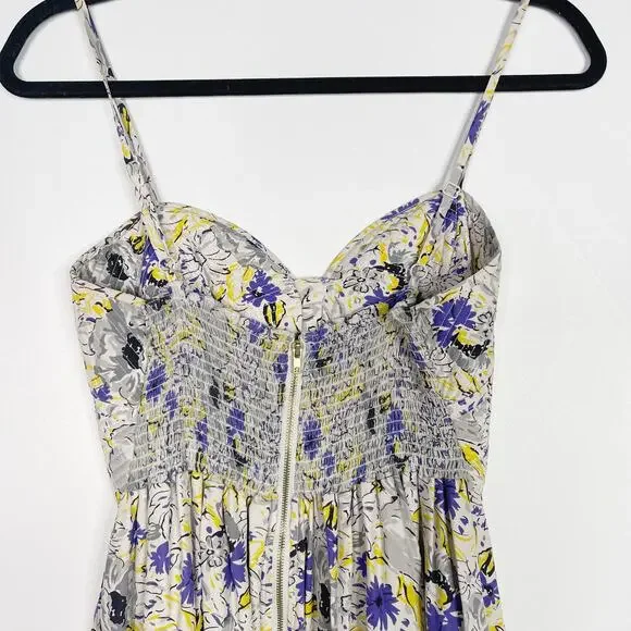 Parker Small S Gray Purple Yellow Silk Floral Dress Sweetheart Neckline Zip Back - Picture 7 of 12